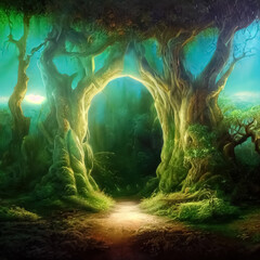 Magic teleport portal in mystic fairy tale forest. Gate to parallel fantasy surreal world.