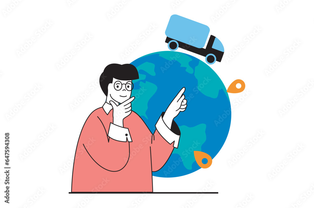 Poster worldwide delivery concept with people scene in flat web design. man managing export and import ship