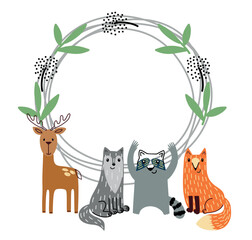 Baby shower card. Vector woodland frame with animals.