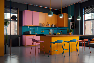 Pop-art style kitchen interior in modern house. - obrazy, fototapety, plakaty