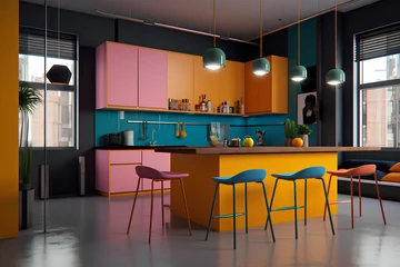 Fotobehang Pop-art style kitchen interior in modern house. © tynza
