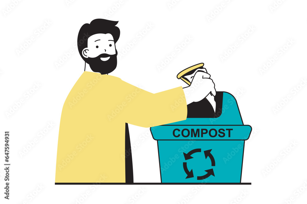Aufkleber zero waste concept with people scene in flat web design. man collecting kitchen scraps to bin for or
