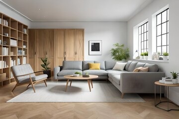 Fototapeta premium modern living room with fireplace-Generated by AI