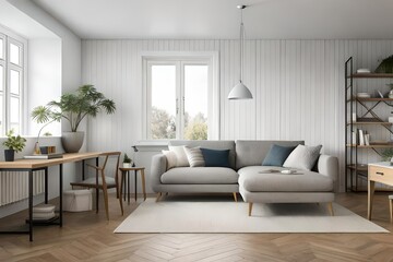 Fototapeta na wymiar White walls and gray sofa living room interior design- Generated by AI
