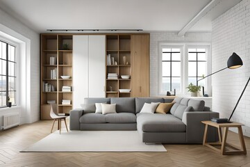 Interior design of modern living room, Gray sofa- generated by AI