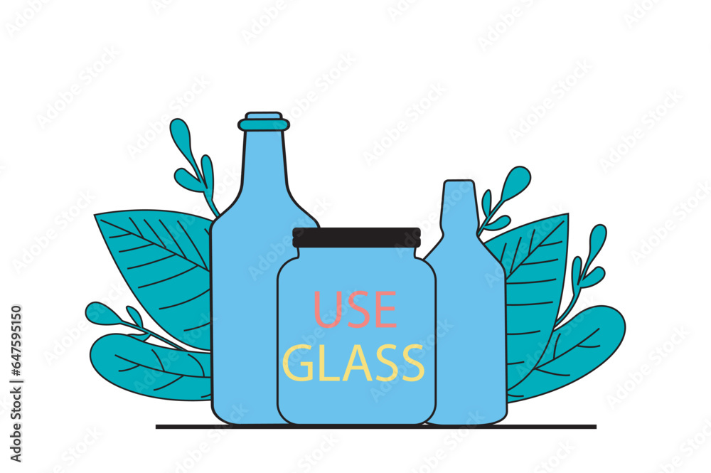 Poster zero waste concept with people scene in flat web design. eco lifestyle with using glass bottles and 