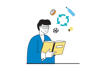 Obraz premium Zero waste concept with people scene in flat web design. Man reading book and gets eco lifestyle habits of sorting and recycling trash. Vector illustration for social media banner, marketing material.