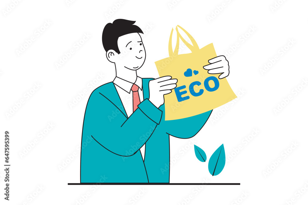 Poster zero waste concept with people scene in flat web design. man using shopping eco bag for caring and p
