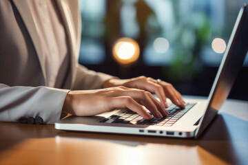 business woman typing on a laptop computer. Close-up photo