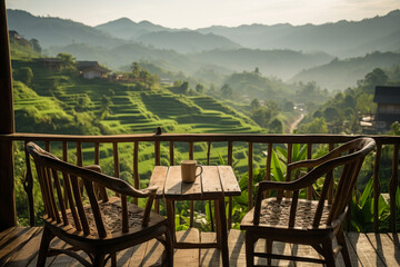 wooden terrace with wooden chairs coffee mugs on the table landscape view of terraced rice fields and mountains is the background in morning warm light