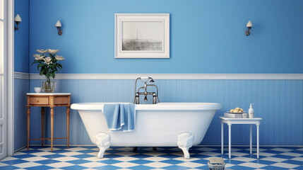 Fototapeta na wymiar A bathroom with a blue and white wall and a bathtub