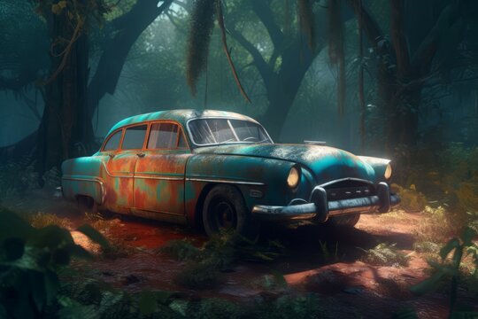 Rusty abandoned car concept. Generate Ai