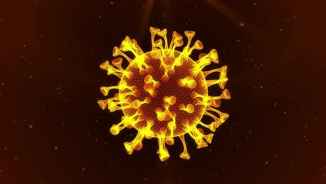 Bright yellow virus cells float on a black space background. Abstract concept 3D rendering in 4K.