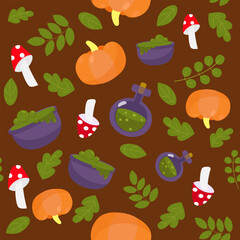 Seamless pattern leaves, fly agaric, pumpkins and bottles with poison or drug on a brown background. Halloween pattern in cartoon style. Pattern for textiles, packaging, wallpapers.