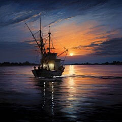 Fototapeta premium sailing ship at sunset