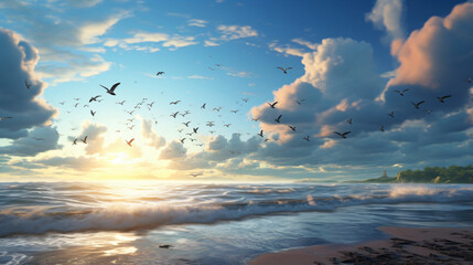 A beach that has some birds flying - obrazy, fototapety, plakaty