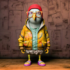 Pigeon with glasses, ared hat and a yellow jacket