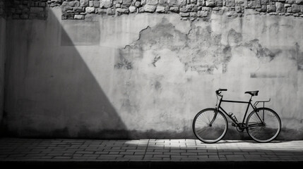 A bicycle is parked against a wall in a black 