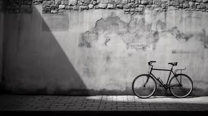 Zelfklevend Fotobehang A bicycle is parked against a wall in a black  © Little