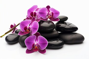 Fototapeta na wymiar Purple orchids on black rocks
