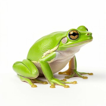 A green frog perched on a clean white surface