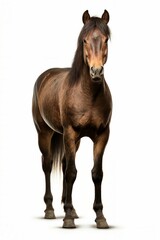 A majestic brown horse standing on a pristine white background