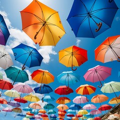 Colorful umbrellas floating in the sky