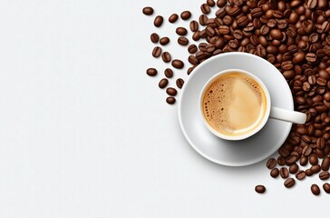 Fototapeta premium A cup of coffee with coffee beans on a wooden table