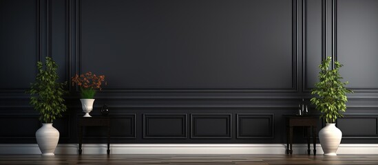 a living room with a black wall background and wooden floor