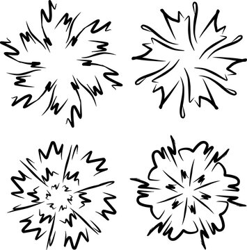Hand drawn four black and white flowers or snowflakes. Vector design.