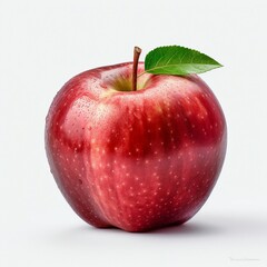 A fresh red apple with a vibrant green leaf on top