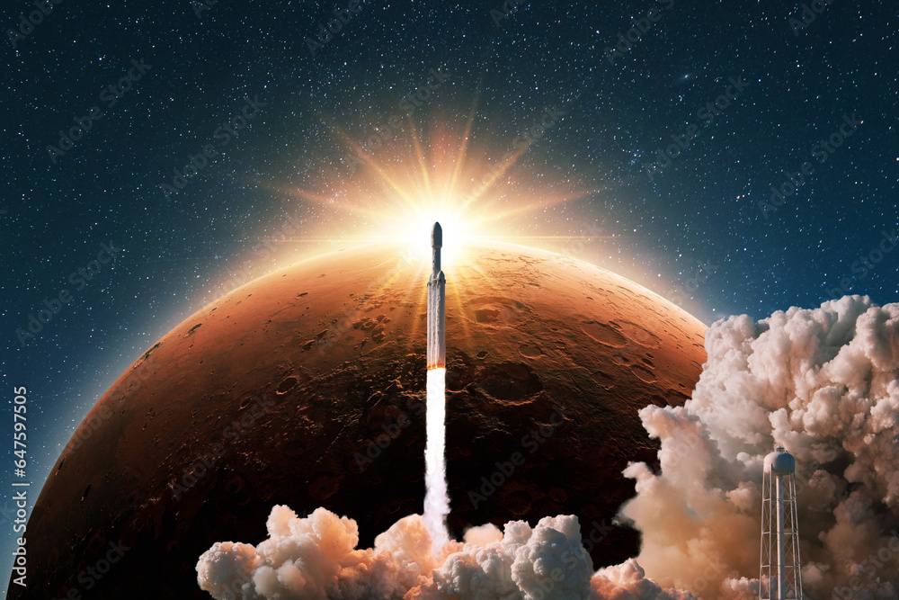 Poster space rocket with smoke and blast successfully launching to the red planet mars with sun rays. new s