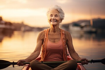 senior woman gracefully performing yoga stretches