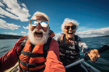 happy senior couple kayaking in tandem