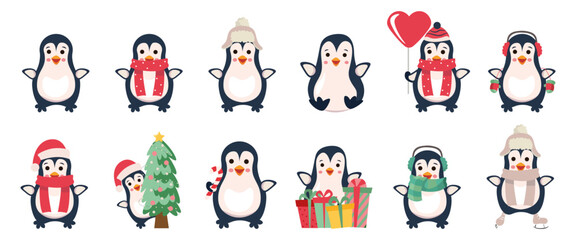 Christmas Iillustration. Penguins cartoon vector illustration. Christmas penguin characters.christmas tree decorations.
