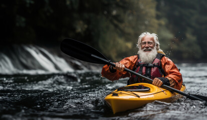 senior paddling floats advanced kayak on the river