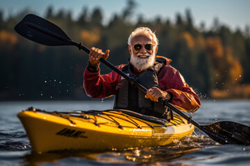 happy senior paddling practicing advanced kayak
