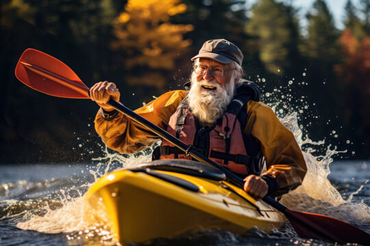 happy senior paddling practicing advanced kayak