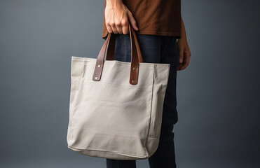 A man holding white canvas versatile tote bag on a grey background, for mock up or presentation.