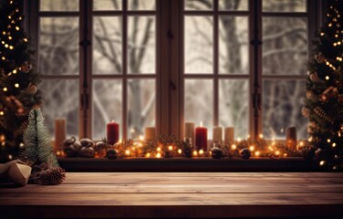 Cozy christmas glow. Festive home decor. Vintage holiday charm. Window candlelight with empty table. Winters warm embrace. Candlelight xmas