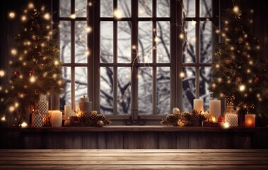 Fototapeta na wymiar Cozy christmas glow. Festive home decor. Vintage holiday charm. Window candlelight with empty table. Winters warm embrace. Candlelight xmas