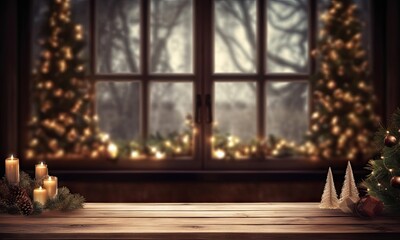 Cozy christmas glow. Festive home decor. Vintage holiday charm. Window candlelight with empty table. Winters warm embrace. Candlelight xmas