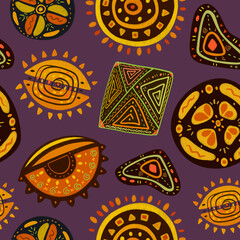 Pattern with abstract ethnic symbols on violet background 