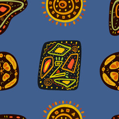Pattern with abstract ethnic symbols on blue background 