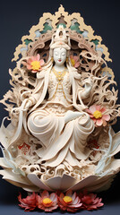 Fototapeta na wymiar Guan Yin, craft 3d paper, crafted sculptural paper constructions and woodcarvings