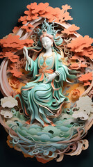 Fototapeta na wymiar Guan Yin, craft 3d paper, crafted sculptural paper constructions and woodcarvings