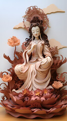 Guan Yin, craft 3d paper, crafted sculptural paper constructions and woodcarvings