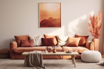 beautiful living room scandinavian boho brown nature color scheme interior mockup room background daylight cosy comfort lifestyle simple home living concept
