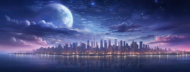 a city skyline at night. Showcase the silhouette of modern skyscrapers illuminated by a symphony of city lights, portraying the sophistication of urban life. - obrazy, fototapety, plakaty