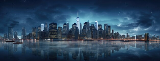 Fototapeta premium a city skyline at night. Showcase the silhouette of modern skyscrapers illuminated by a symphony of city lights, portraying the sophistication of urban life.